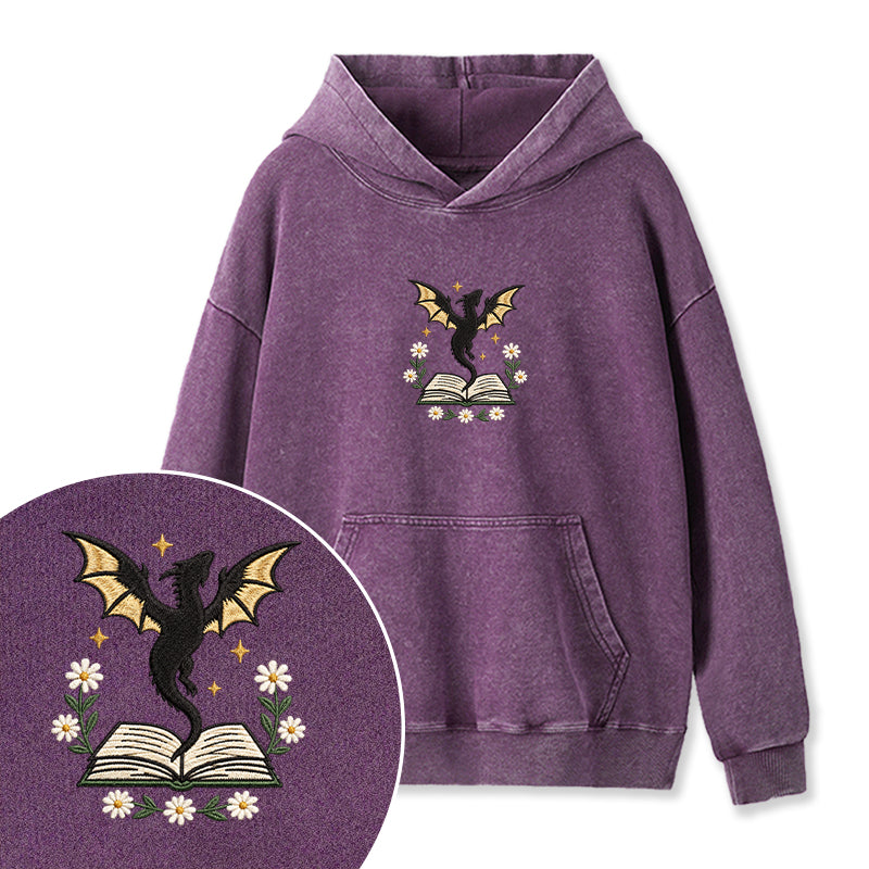 Embroidered Dragon Floral Book Washed Hoodie