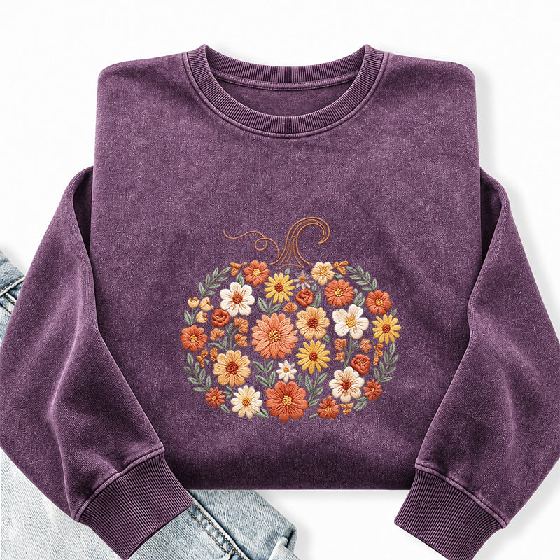 Embroidered Floral Pumpkin Washed Crewneck Sweatshirt