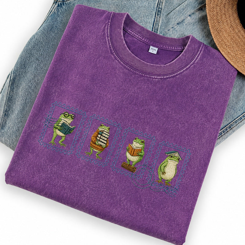 Embroidered Bookish Frog Stamp Washed Crew Neck T-Shirt