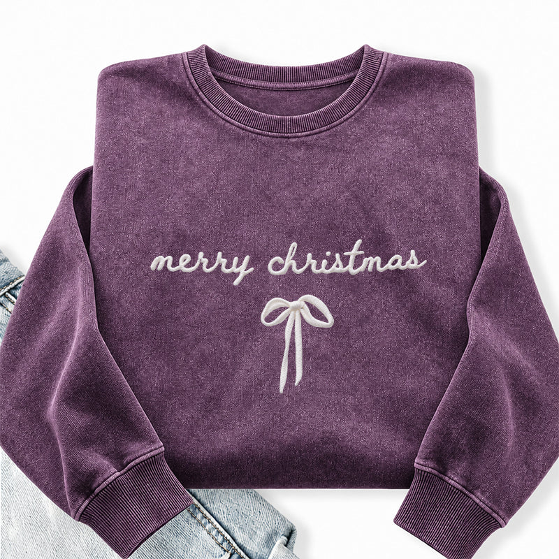 Embroidered Merry Christmas Bow Washed Crewneck Sweatshirt