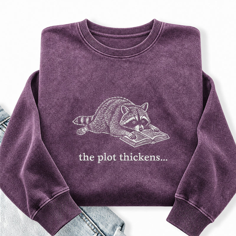 Embroidered The Plot Thickens Reading Raccoon Washed Crewneck Sweatshirt
