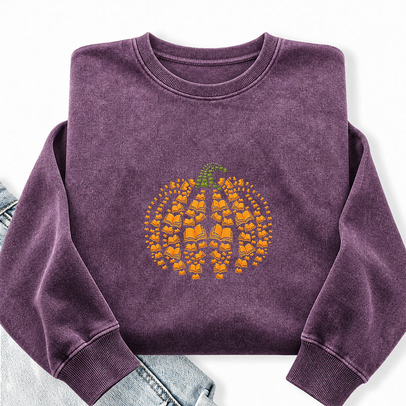 Embroidered Book Pumpkin Washed Crewneck Sweatshirt