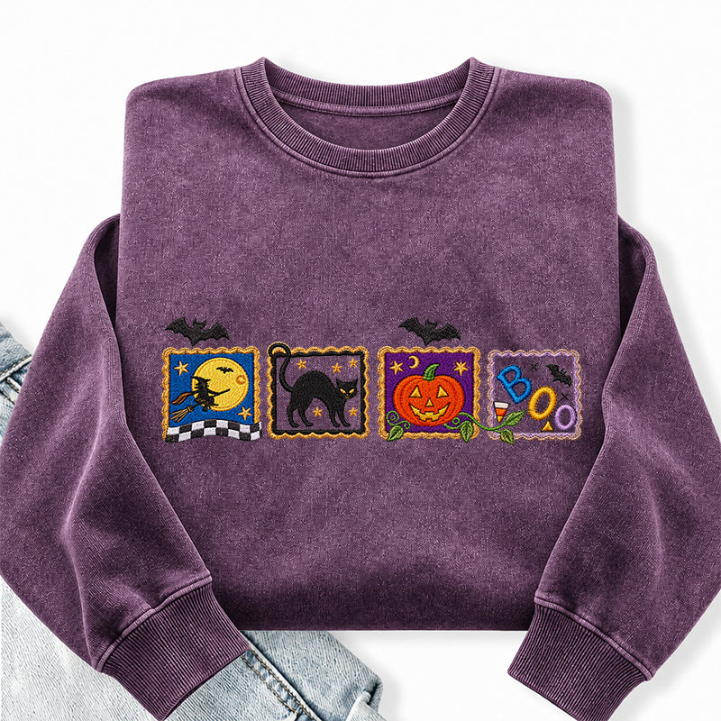 Embroidered Retro Halloween Washed Crewneck Sweatshirt