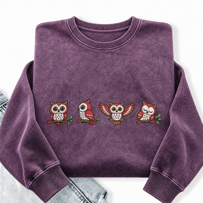 Embroidered Woodland Owls Washed Crewneck Sweatshirt