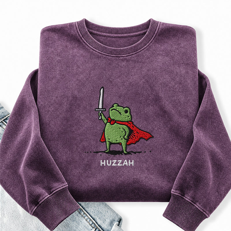 Embroidered Huzzah Frog with Sword Washed Crewneck Sweatshirt