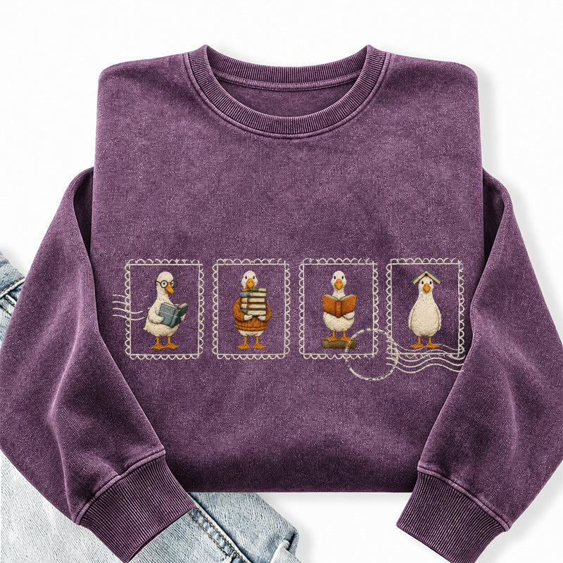 Embroidered Silly Goose Reading Washed Crewneck Sweatshirt
