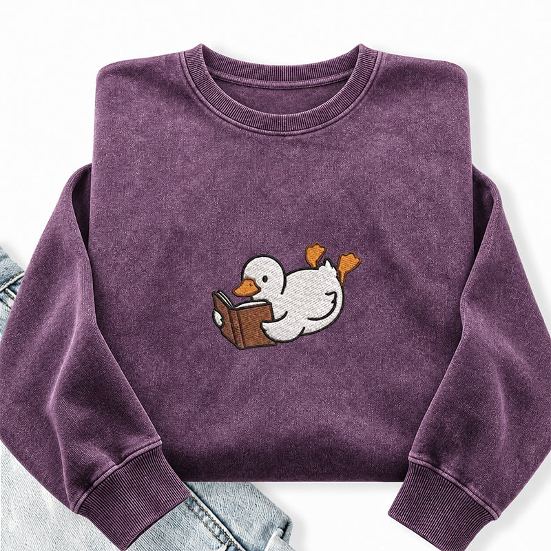 Embroidered Reading Duck Washed Crewneck Sweatshirt