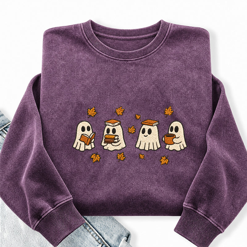 Embroidered Autumn Bookish Ghost Washed Crewneck Sweatshirt