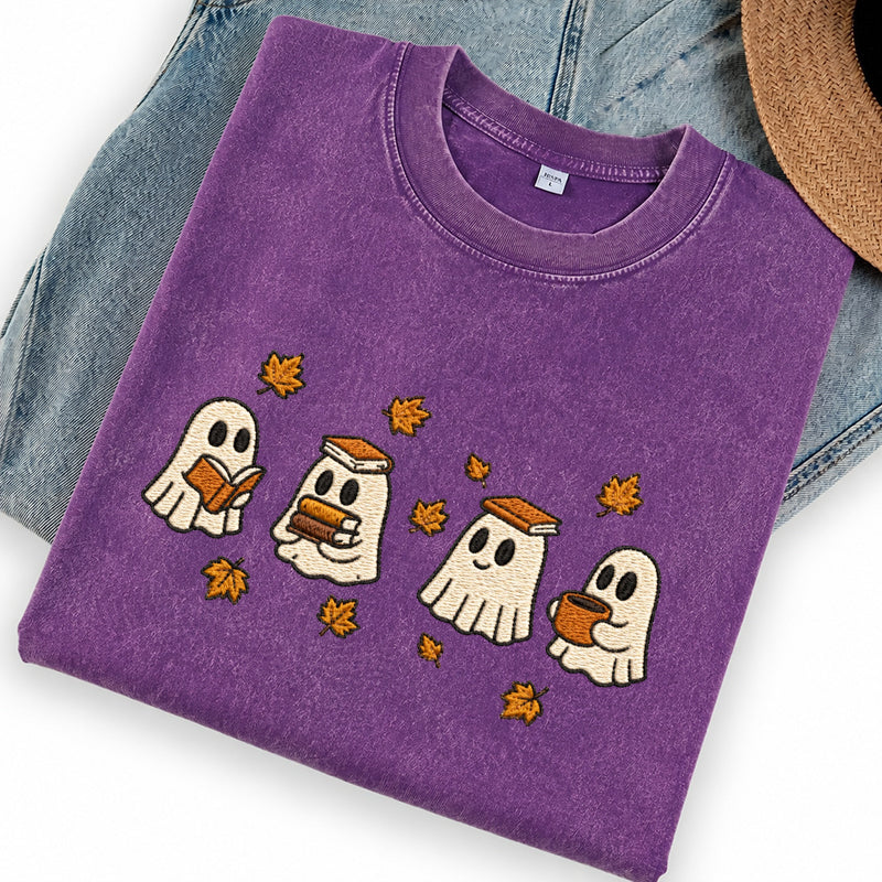 Embroidered Autumn Bookish Ghost Washed Crew Neck T-Shirt