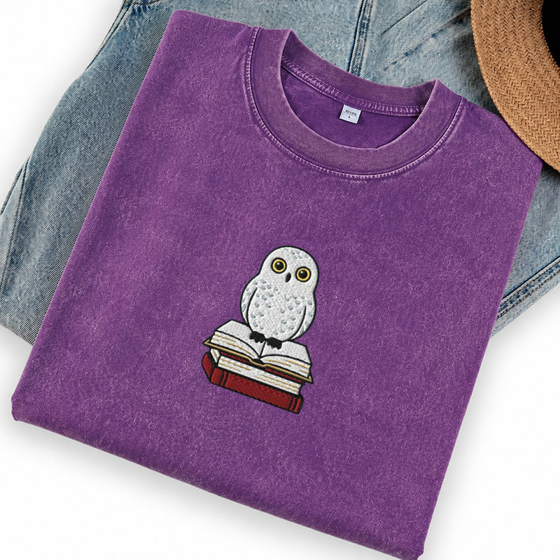 Embroidered Snow Owl On Bookstack Washed Crew Neck T-Shirt