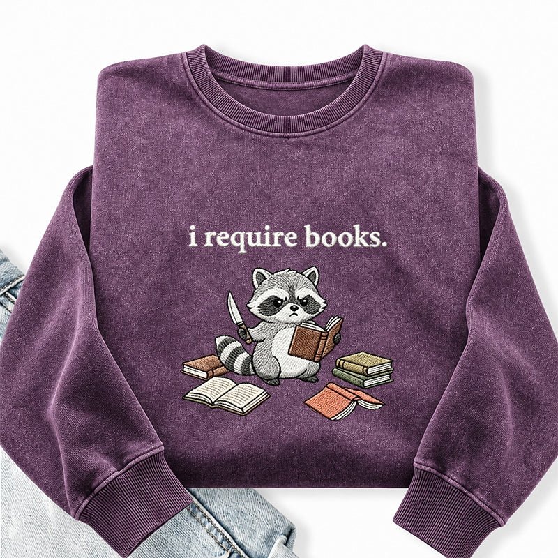 Embroidered I Require Books Raccoon Washed Crewneck Sweatshirt