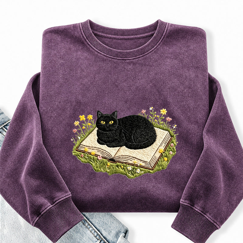 Embroidered Black Cat Book Washed Crewneck Sweatshirt