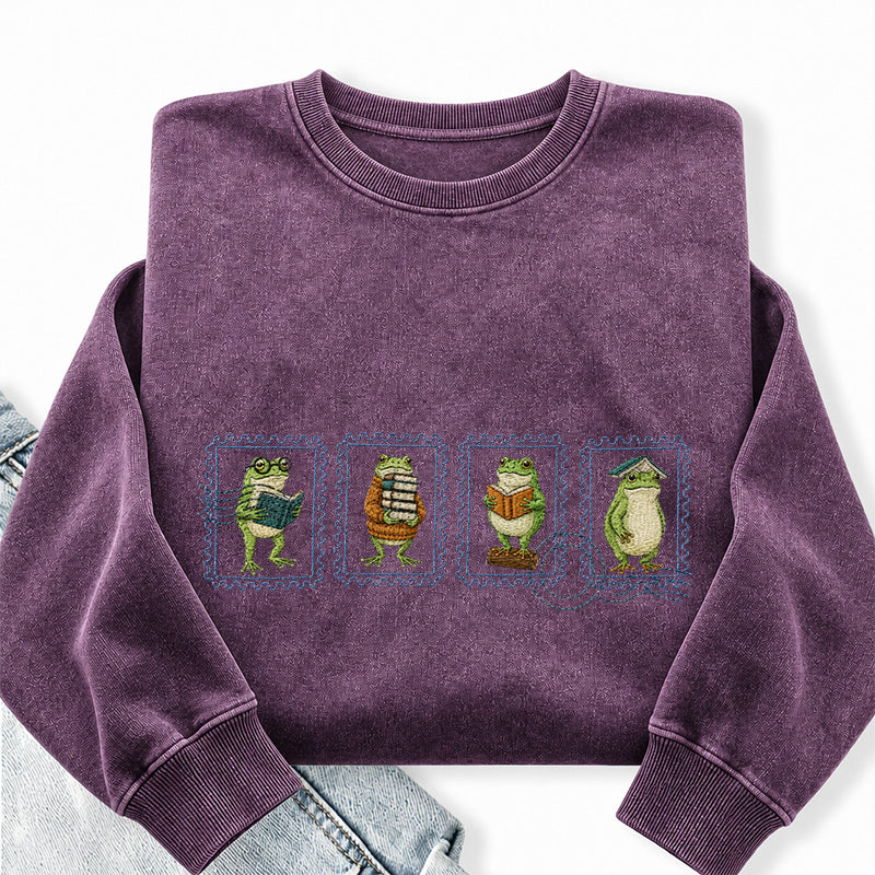 Embroidered Bookish Frog Stamp Washed Crewneck Sweatshirt