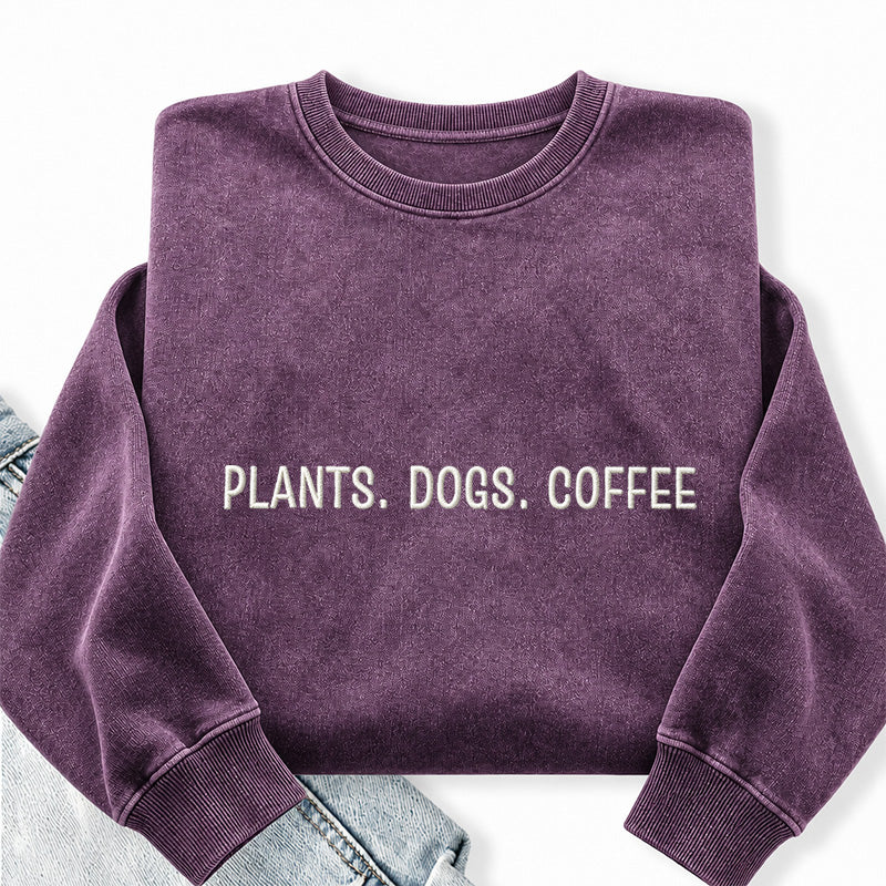 Embroidered Plant Dog Coffee Washed Crewneck Sweatshirt