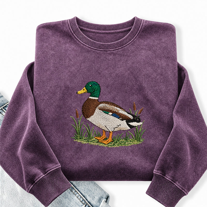 Embroidered Mallard Duck Washed Crewneck Sweatshirt