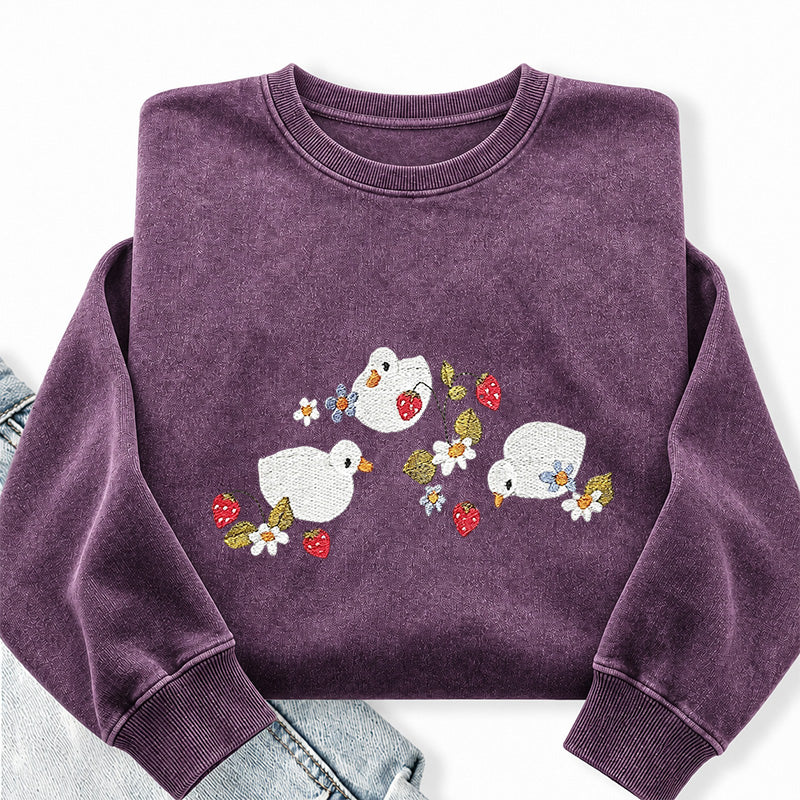 Embroidered Strawberry Duck Washed Crewneck Sweatshirt