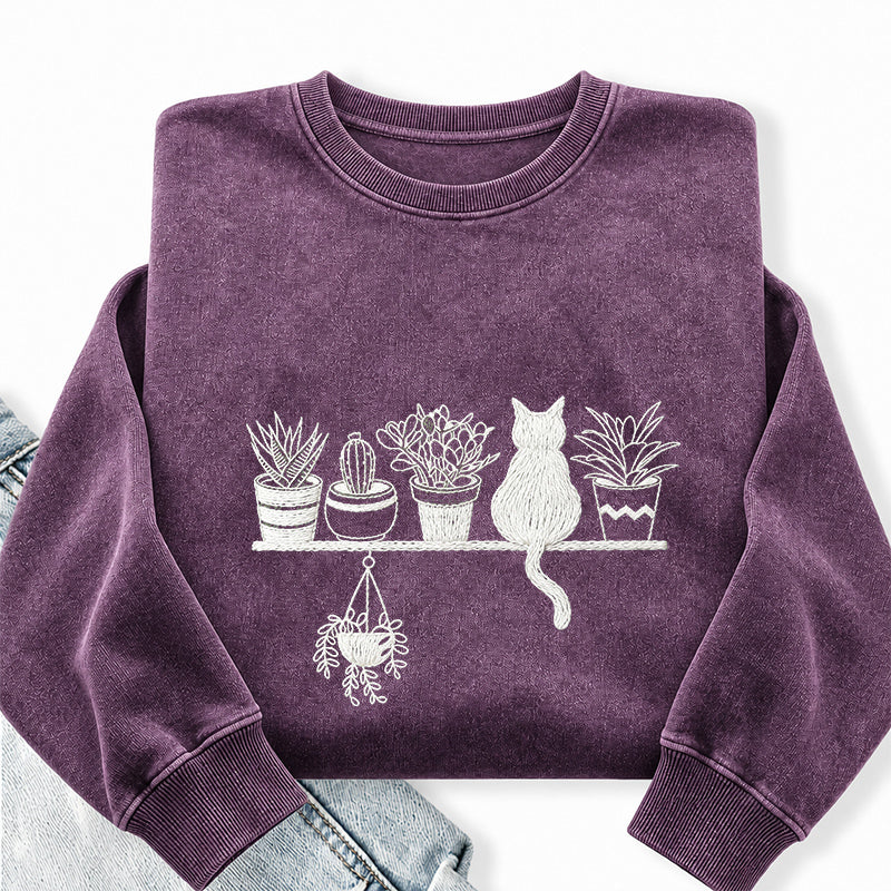 Embroidered Cats And Plants Washed Crewneck Sweatshirt