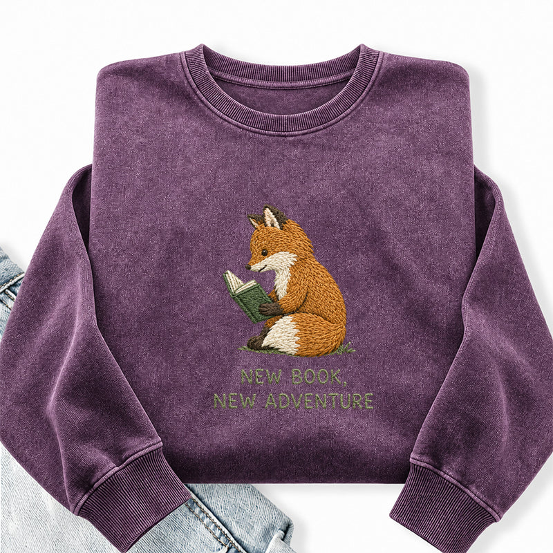 Embroidered New Book New Adventure Washed Crewneck Sweatshirt