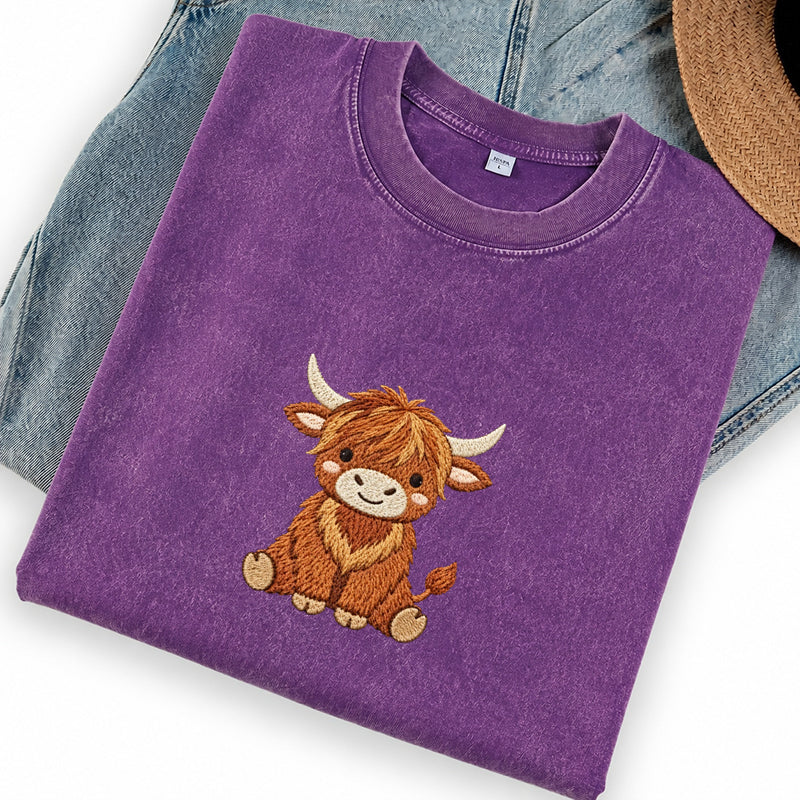 Embroidered Highland Cow Washed Crew Neck T-Shirt