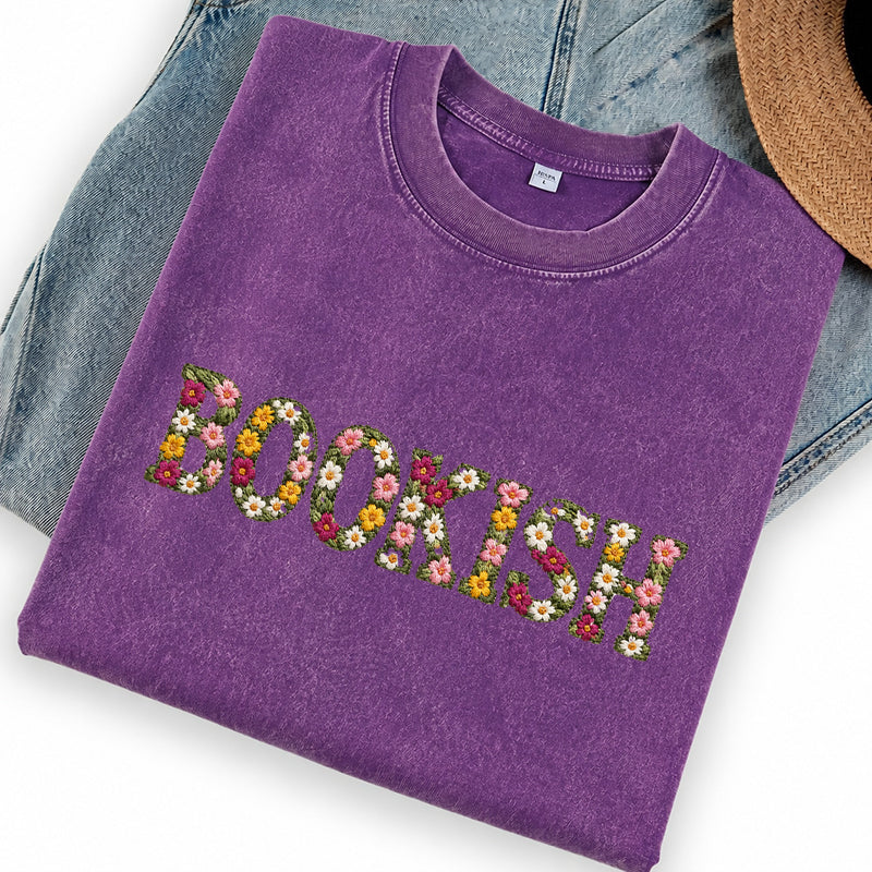 Embroidered Floral Bookish Washed Crew Neck T-Shirt