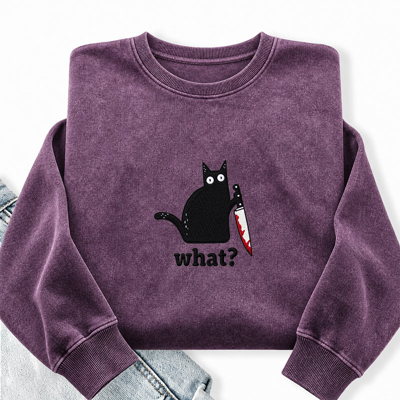Embroidered Black Cat What Washed Crewneck Sweatshirt