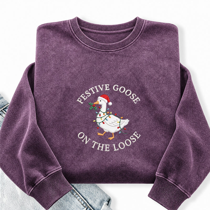 Embroidered Festive Goose On The Loose Washed Crewneck Sweatshirt