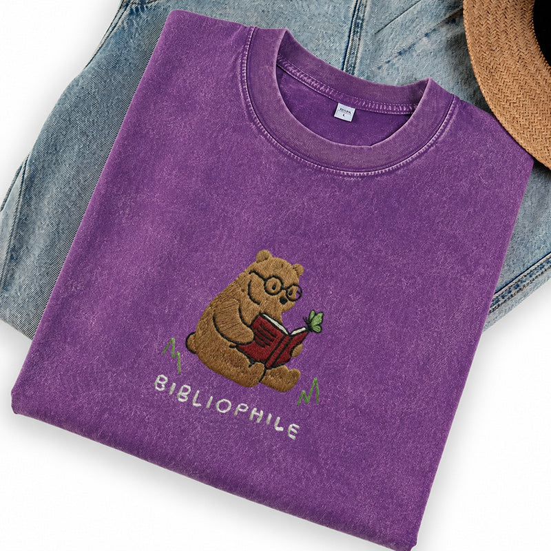 Embroidered Reading Bear Washed Crew Neck T-Shirt