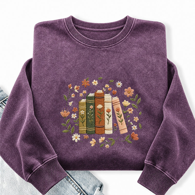 Embroidered Floral Book Stack Washed Crewneck Sweatshirt