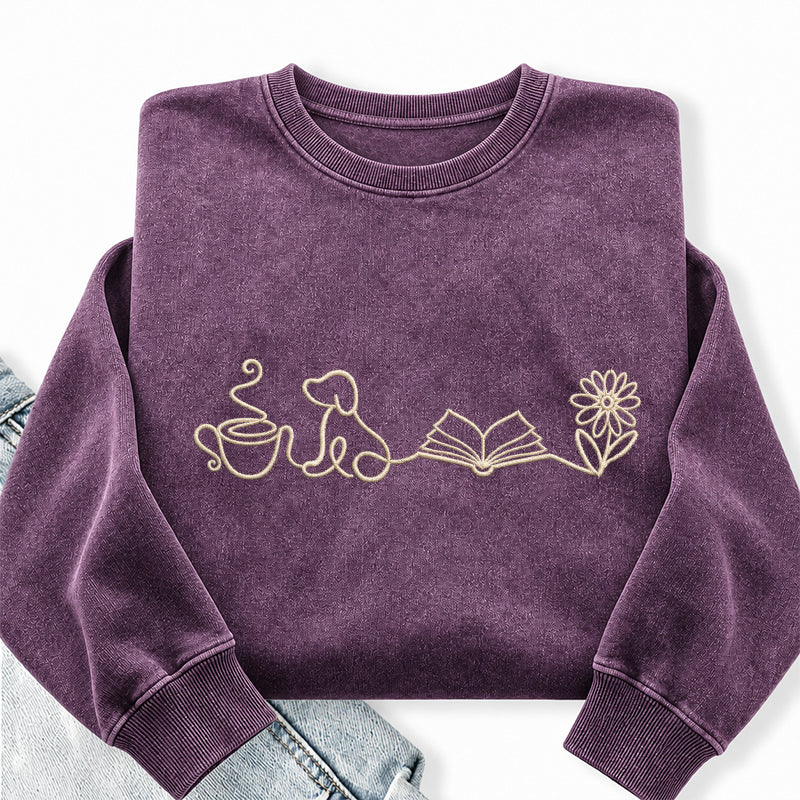 Embroidered Coffee Dog Book Flowers Washed Crewneck Sweatshirt