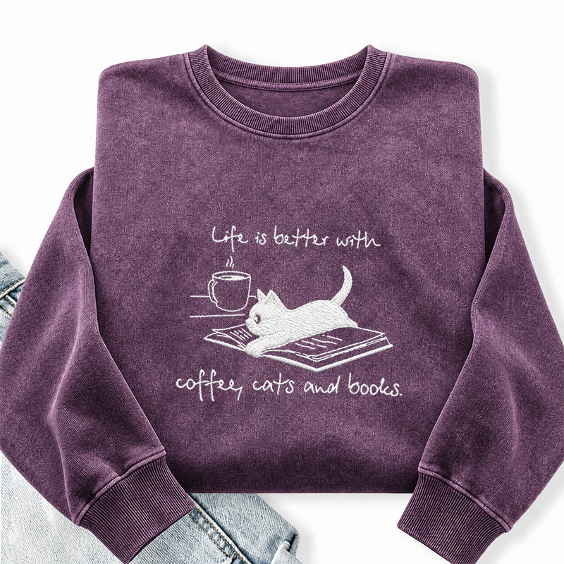 Embroidered Life Is Better With Coffee Book Cat Washed Crewneck Sweatshirt