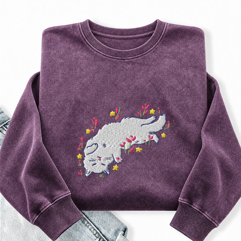 Embroidered Floral Playing Cat Washed Crewneck Sweatshirt