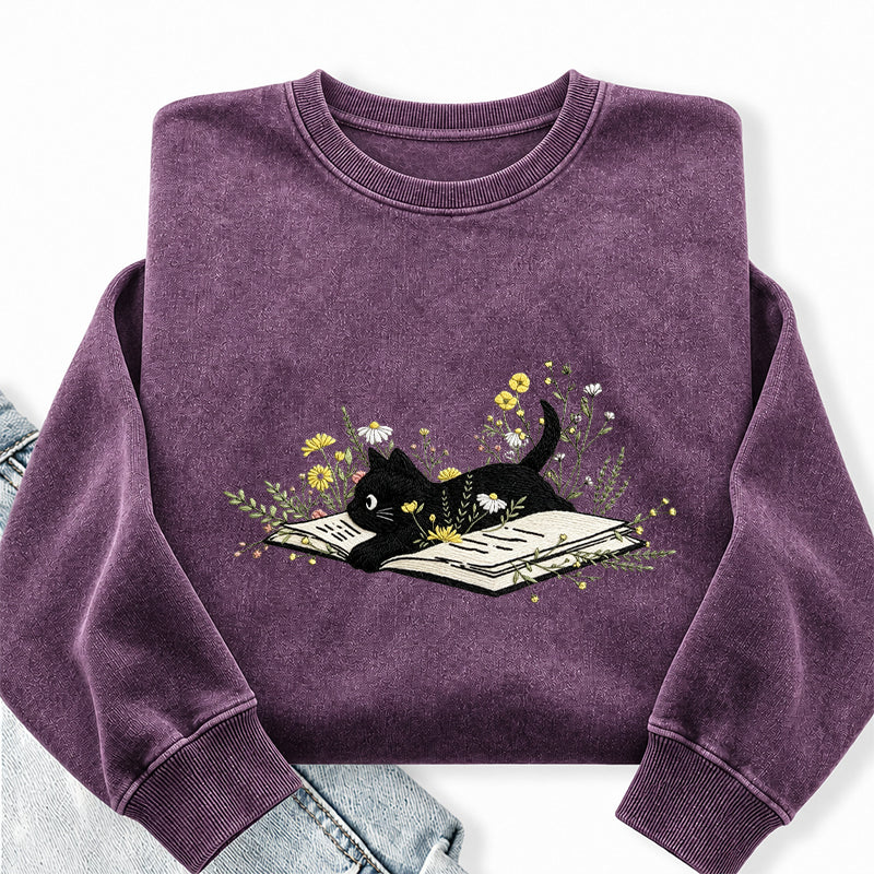 Embroidered Floral Book Cat Washed Crewneck Sweatshirt