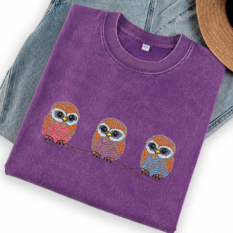 Embroidered Cute Owl Washed Crew Neck T-Shirt