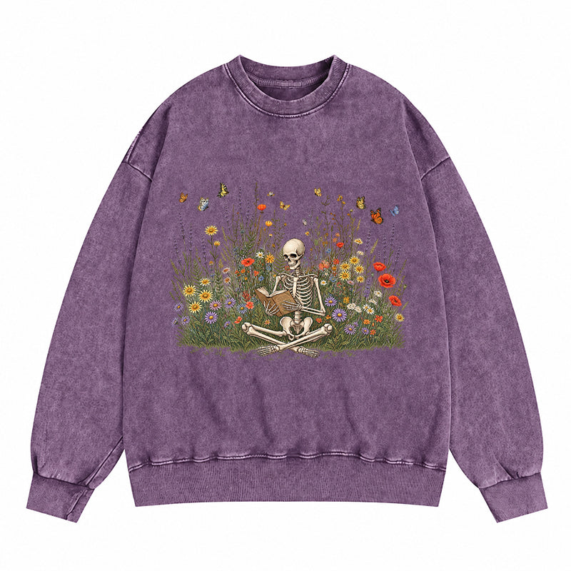 Skeleton Reading Book Wildflowers Washed Crewneck Sweatshirt