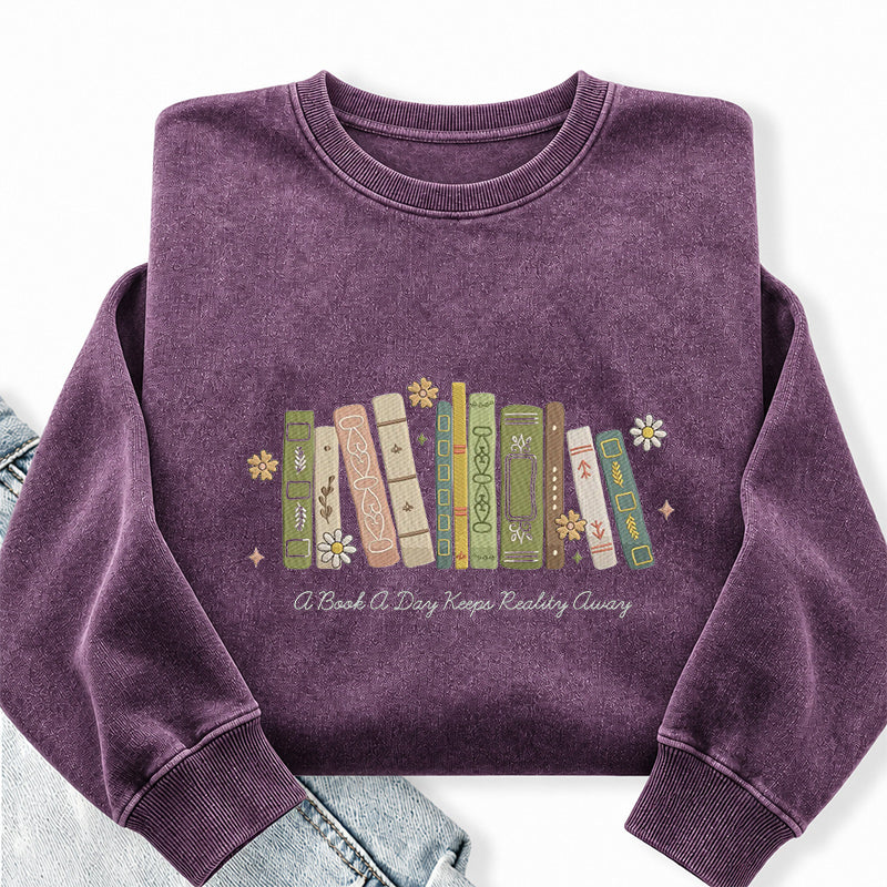 Embroidered A Book A Day Washed Crewneck Sweatshirt