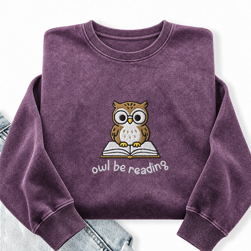 Embroidered Owl Be Reading Washed Crewneck Sweatshirt