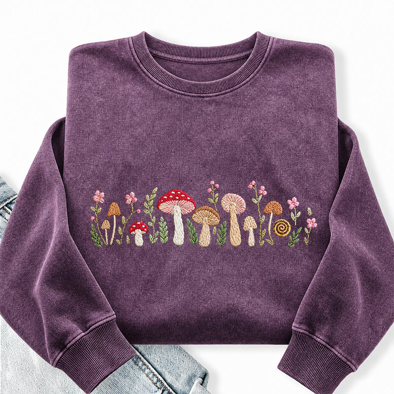 Embroidered Enchanted Mushroom Washed Crewneck Sweatshirt