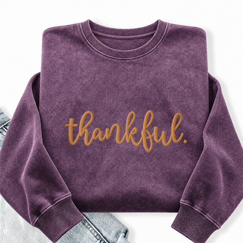 Embroidered Thankful Thanksgiving Washed Crewneck Sweatshirt