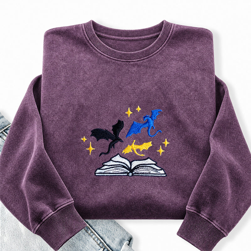 Embroidered Book And Dragons Washed Crewneck Sweatshirt