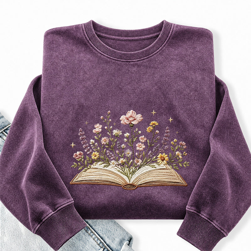 Embroidered Floral Book Washed Crewneck Sweatshirt