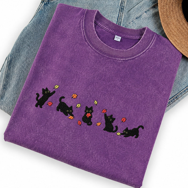 Embroidered Fall Leaves Black Cats Washed Crew Neck T-Shirt