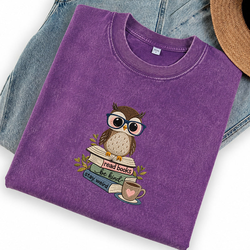 Embroidered Read Books Be Kind Owl Washed Crew Neck T-Shirt