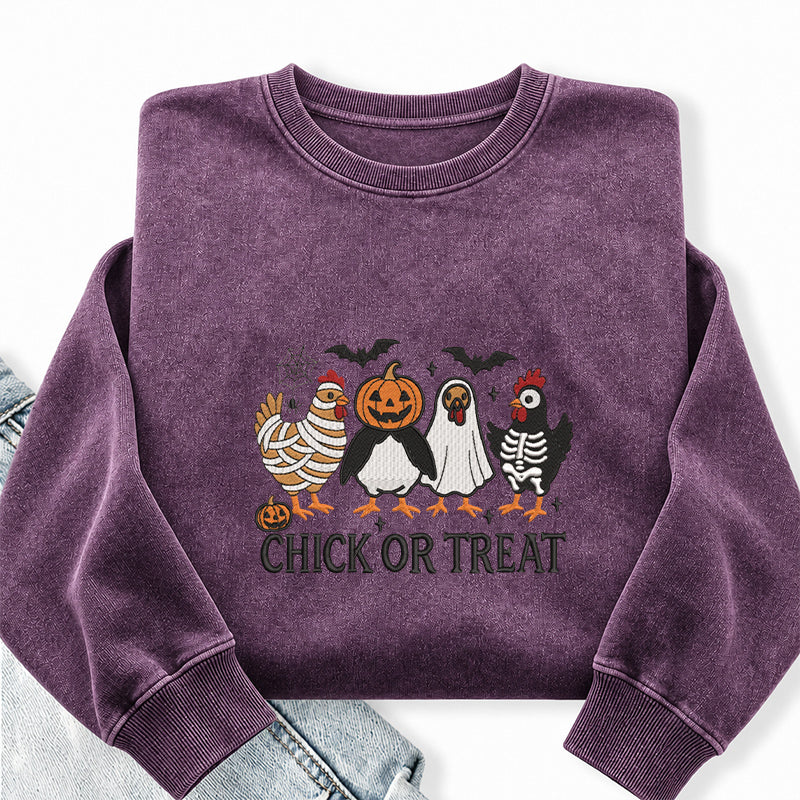 Embroidered Chick Or Treat Washed Crewneck Sweatshirt