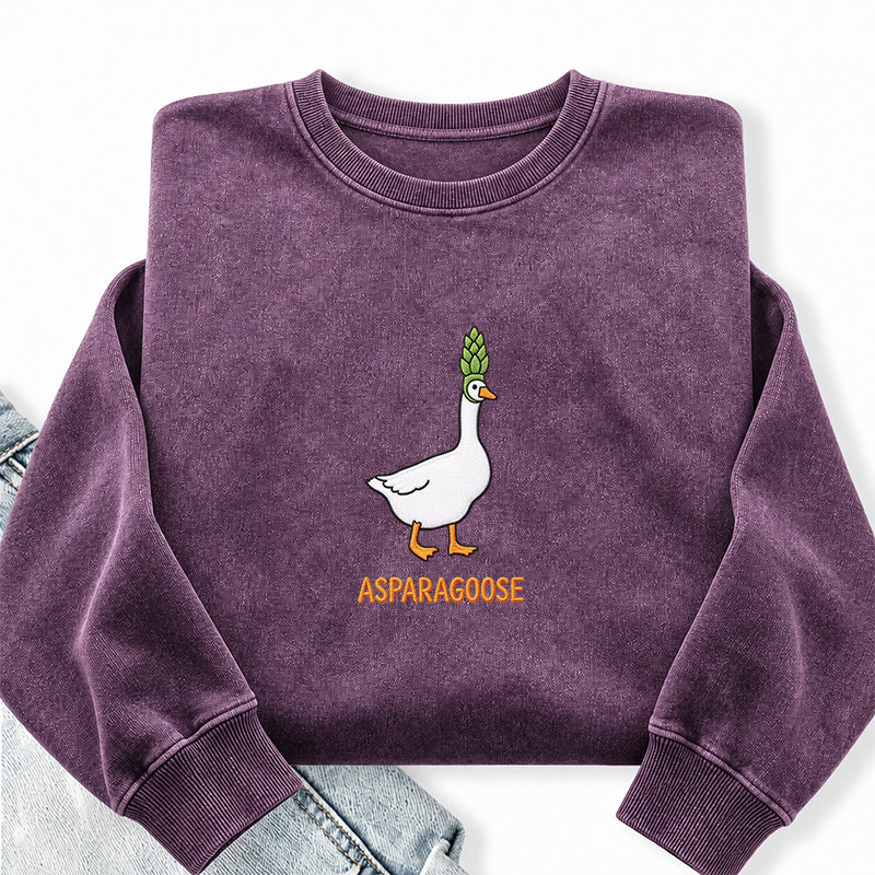 Embroidered Funny Asparagus Asparagoose Washed Crewneck Sweatshirt