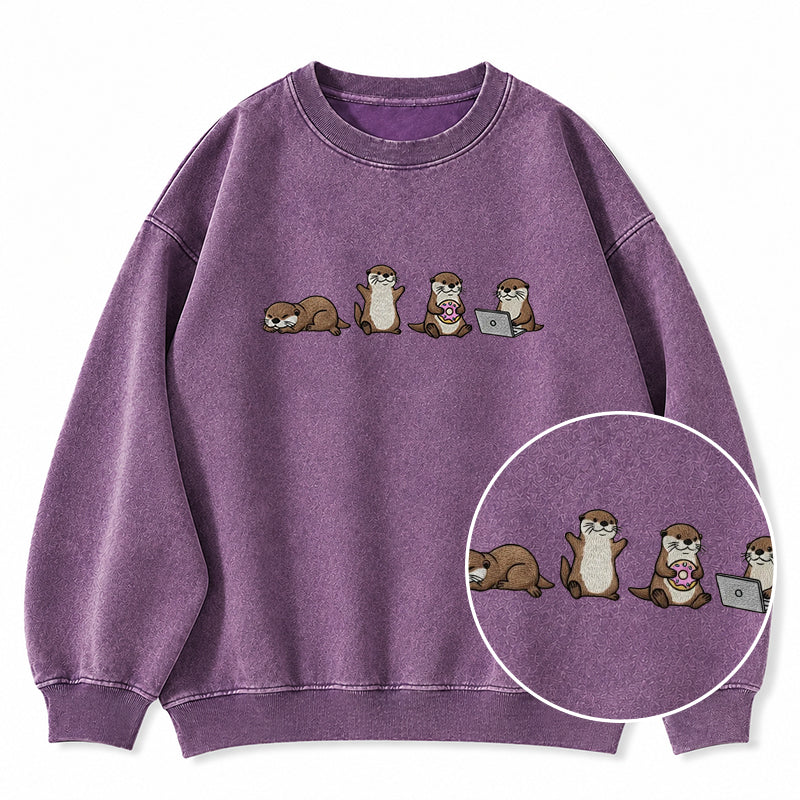 Embroidered Sea Otters Washed Crewneck Sweatshirt
