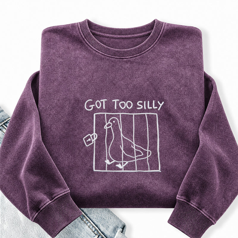 Embroidered Goose Got Too Silly Washed Crewneck Sweatshirt