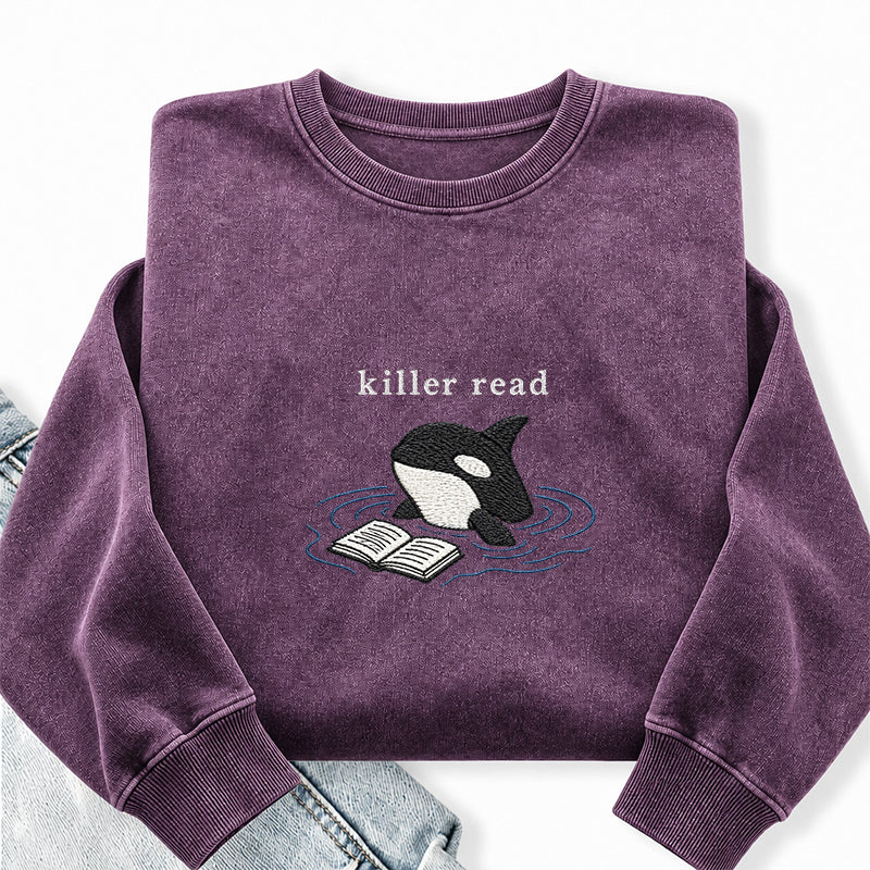 Embroidered Killer Read Orca Washed Crewneck Sweatshirt