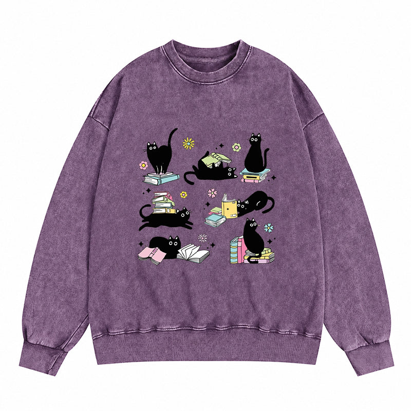 Book And Black Cats Washed Crewneck Sweatshirt