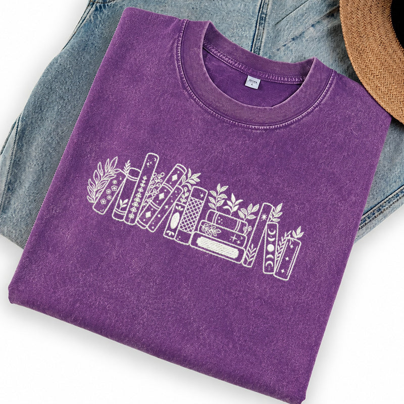 Embroidered Flower Book Washed Crew Neck T-Shirt