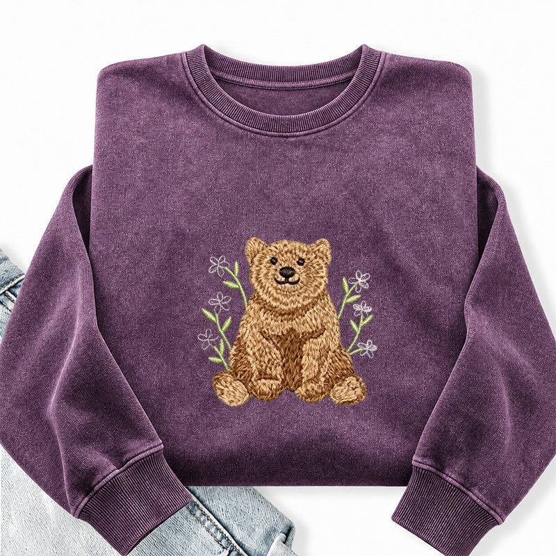Embroidered Floral Bear Washed Crewneck Sweatshirt